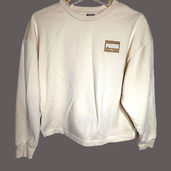 Puma Cream Sweatshirt Womens Small Beige Pullover Fleece Logo Patch Streetwear - Picture 1 of 11
